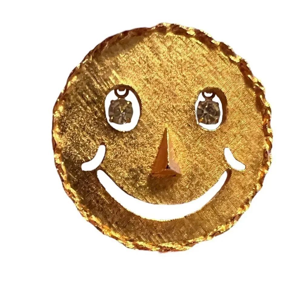 Happy Face Rhinestone Gold Tone Brooch / Pendant